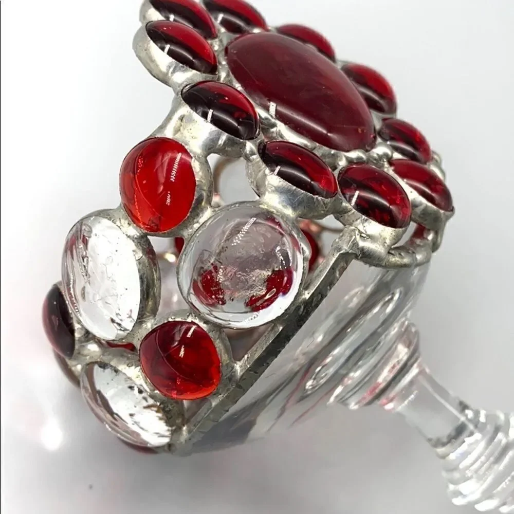 May Nadav Mosaic Art Glass Pedestal Votive Holder Decorative Bowl Red Clear